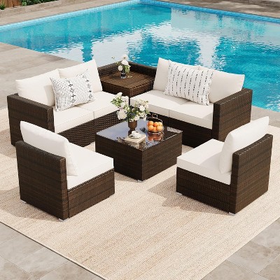 8-Piece Outdoor Waterproof Patio Conversation Set, Modular PE Rattan Sectional Sofa with Cushions & Hidden Storage, for Lawn, Porch, Pool, Backyard