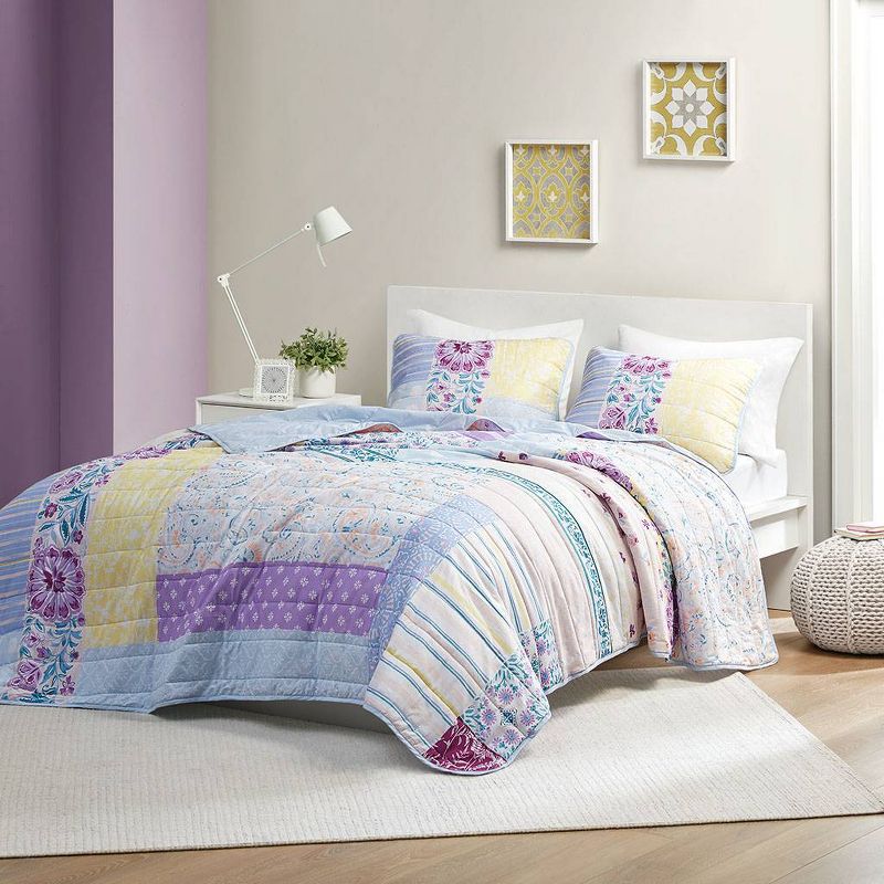 Helena Printed Cotton Coverlet Set Blue/Purple/Yellow, 3 of 10
