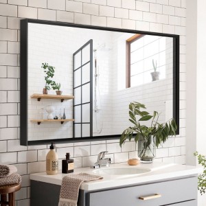 36x30inch Glossy Black Bathroom Mirrors For Wall Rectangle Vanity Mirror Corner Hangs Farmhouse Mirror Modern Metal Framed Rectangular Mirror - 1 of 4