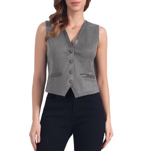 Allegra K Women's V Neck Faux Suede Button Down Side Pockets Sleeveless Vest - 1 of 4