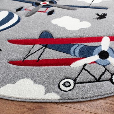 Playful Carousel 5'3" Round Light Grey & Red Kids Area Rug