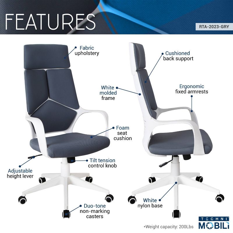 Modern Studio Office Chair Gray/White - Techni Mobili, 6 of 8