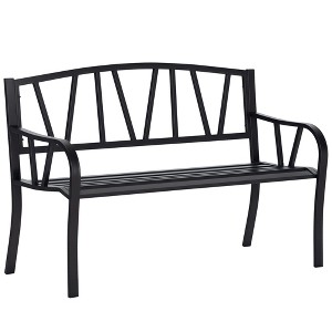 50" Outdoor Bench, Metal Garden Bench with V-Shaped Pattern Backrest, Porch Bench with Slatted Seat for Park, Lawn - 1 of 4