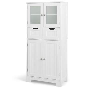 Costway Bathroom Floor Storage Cabinet Kitchen Cupboard with 2 Drawers & Glass Doors White