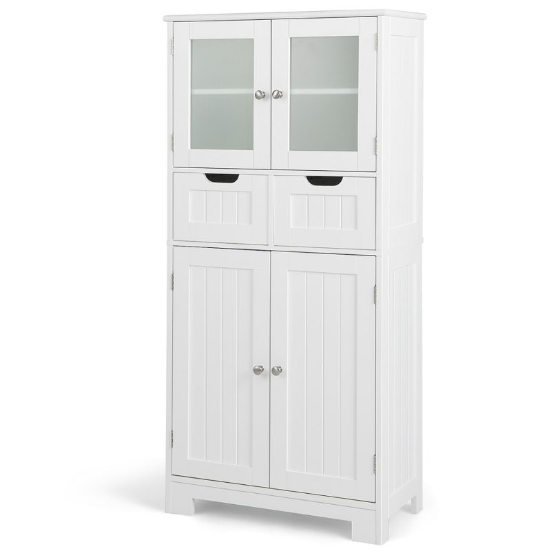 Costway Bathroom Floor Storage Cabinet Kitchen Cupboard with 2 Drawers & Glass Doors White, 1 of 11
