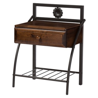 Jevenci Vintage Antique Dark Bronze Metal And Wood 1-Drawer Nightstand - Walnut - Baxton Studio