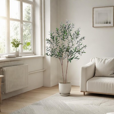 Artificial Olive Tree, Fake Olive Tree, 5 Feet Tall Fake Potted Olive Tree, Natural Wood Trunk, Indoor Decor