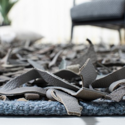 Grey and Beige Hand-Knotted Leather Shag Rug, 3' x 5'