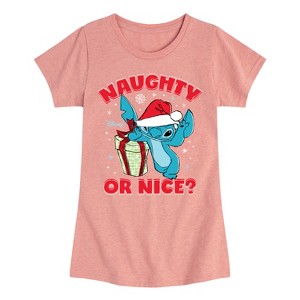 Girls' - Lilo and Stitch - Naughty Or Nice Christmas Fitted Short Sleeve Graphic T-Shirt - 1 of 4