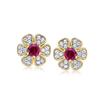 Ross-Simons 0.50 ct. t.w. Rhodolite Garnet and .30 ct. t.w. White Topaz Flower Earrings in 18kt Gold Over Sterling