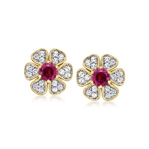 Ross-Simons 0.50 ct. t.w. Rhodolite Garnet and .30 ct. t.w. White Topaz Flower Earrings in 18kt Gold Over Sterling - 1 of 3