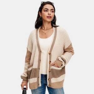 Knit & Lounge Women’s Chunky Knit Button Front Long Sleeve V-Neck Striped Cardigan with Drop Shoulders Ribbed Trim Oversized - 1 of 4