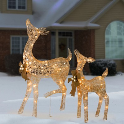 Champagne Gold Pre-Lit Fawn and Doe Holiday Figurines