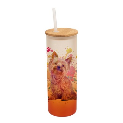 100 North 25 Ounce Frosted Glass Gradient Travel Tumbler With Straw & Wooden Lid, Yorkshire Terrier Paint Splatter Orange