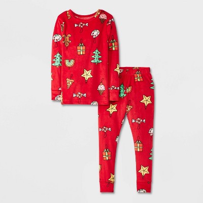 Toddler 2pc Snuggly Soft Snug Fit Christmas Ornaments Pajama Set - Cat & Jack™ Red 18M