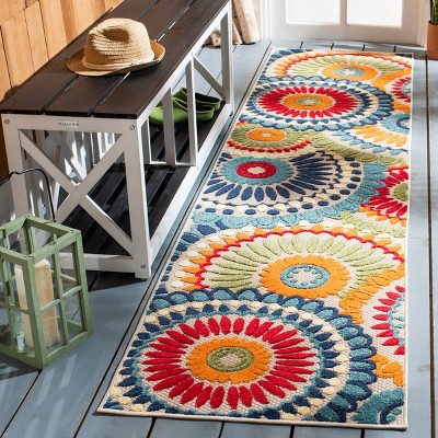 Blue and Ivory Floral Synthetic Indoor/Outdoor Runner Rug