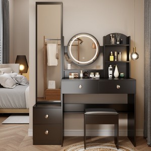 Makeup Vanity Set, Full Body Mirror Cabinet, Round Mirror LED Vanity Table, Cushioned Stool, Touch Control, 3-color, Brightness Adjustable - 1 of 4