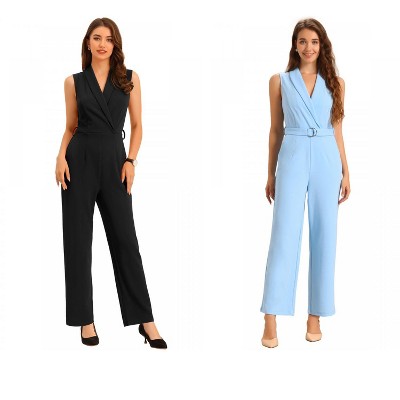 INSPIRE CHIC Women's Casual Sleeveless Shawl Collar Office Belted Cropped Jumpsuit 2 Packs