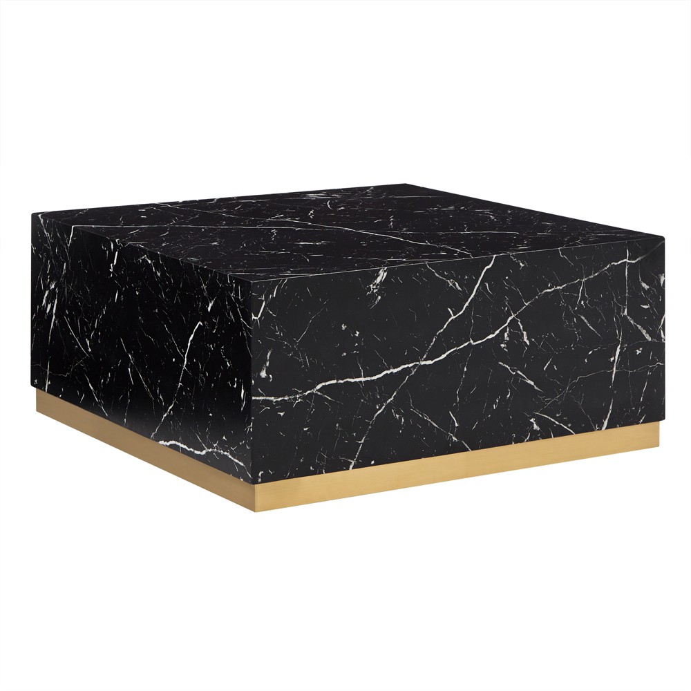 Large Devoe Faux Marble Square Coffee Table with Casters Black - Inspire Q: Brushed Gold Base, Glam Style