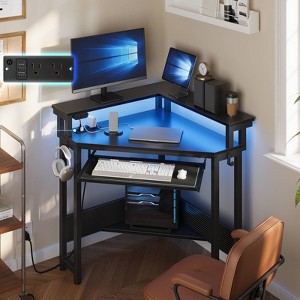 Greenstell Small corner computer desk with power socket, LED light computer desk with monitor stand, keyboard tray and headphone holder - 1 of 4