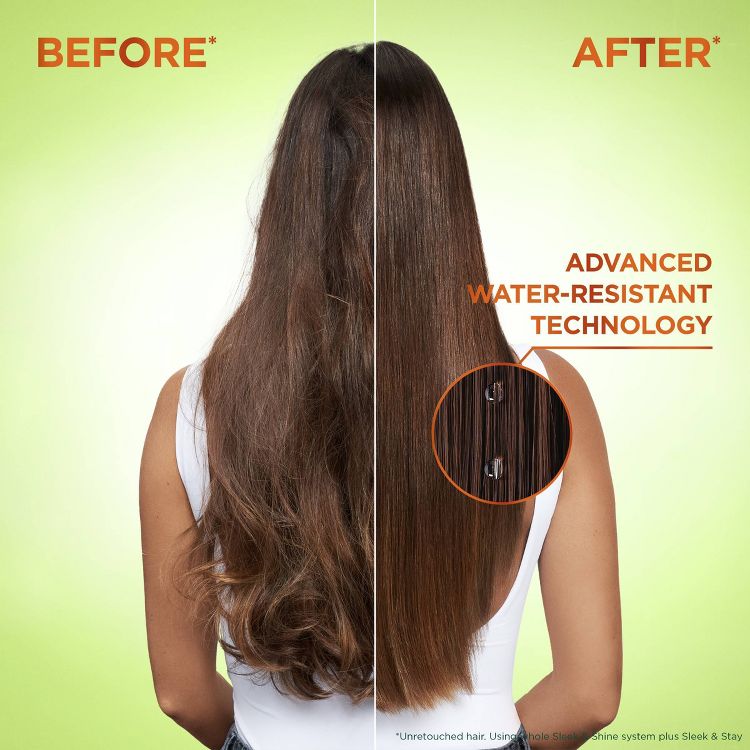 A split image showing hair before and after using a serum, with the left side featuring wavy hair labeled "BEFORE" and the right side showing straight hair labeled "AFTER" with "ADVANCED WATER-RESISTANT TECHNOLOGY" text.