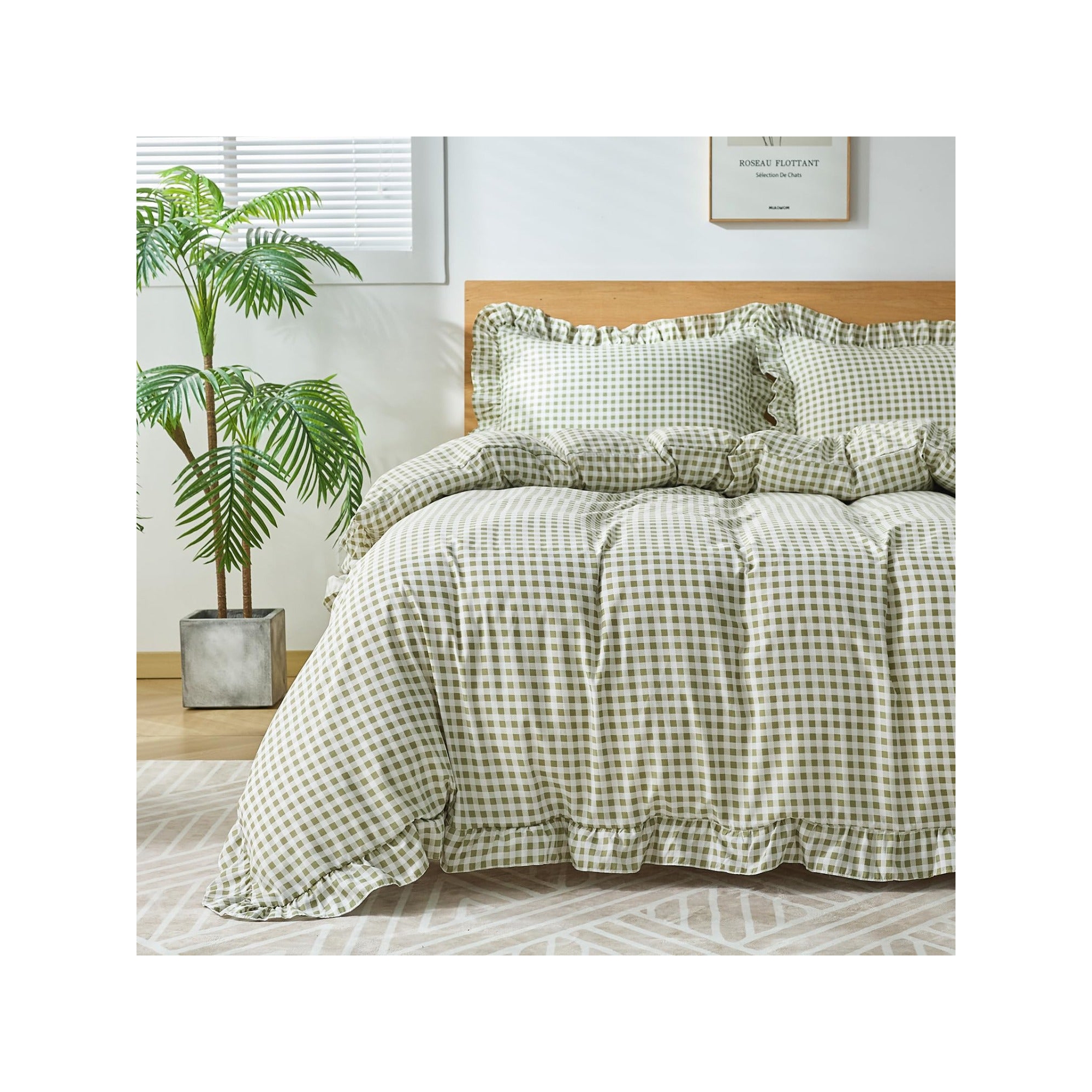 BALHAM TRADE-2 Pieces Gingham Duvet Cover Queen Size with Zipper Closure Ruffle Vintage Decor Sage Green (No Comforter) Queen (90" x 90")