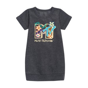- MTV - Drawn Floral Logo Graphic Short Sleeve Fleece Dress - 1 of 2