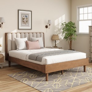 Whisen Sturdy Queen Size Wood Bed with Premium Fabric Headboard, Reinforced Slats for Quiet & Durable Sleep - 1 of 4