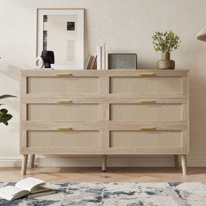 6 Drawer Dresser, 47 Inch Natural Rattan Chest of Drawer, Large Wooden Dresser with 5 Solid Wood Legs, Farmhouse Dresser for Bedroom, Living Room, - 1 of 4