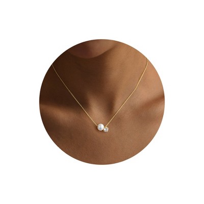 Turandoss Pearl Necklaces for Women - Dainty Gold Choker Pendant Pearl Necklace with Cubic Zirconia, Bridal Wedding Gifts, Bridesmaid Gifts, 16+2.5In
