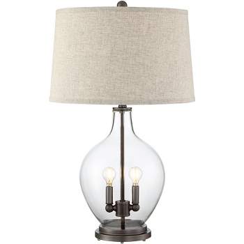 Regency Hill Becker Country Cottage Table Lamp 29" Tall Clear Glass with Nightlight LED Fillable Fabric Drum Shade for Bedroom Living Room Bedside