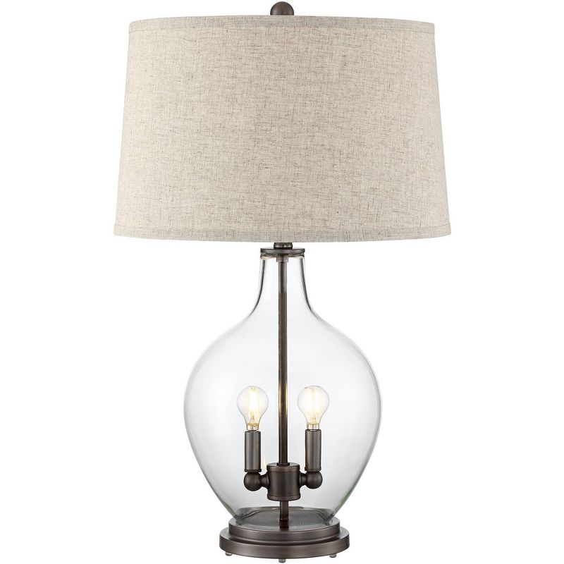 Regency Hill Becker Country Cottage Table Lamp 29" Tall Clear Glass with Nightlight LED Fillable Fabric Drum Shade for Bedroom Living Room Bedside, 1 of 9