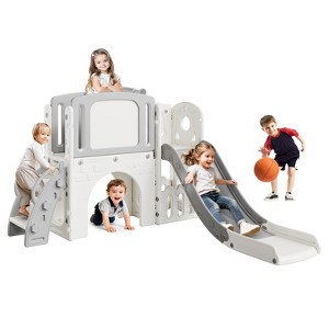 8-in-1 Toddler Slide and Climber Playset with Basketball Hoop, Tunnel, Rocking Toy, Telescope & Storage Space - 1 of 4