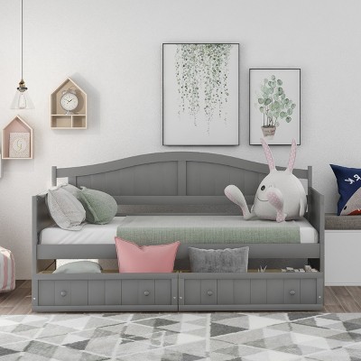 Twin Size Daybed with Storage Drawers and Arched Backrest, Solid Pine Wood Frame Bed for Bedroom or Living Room-Baofuwish