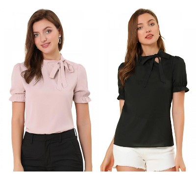 Allegra K Women's Elegant Bow Tie Neck Elastic Cuffs Office Short Sleeve Blouse 2 Pcs