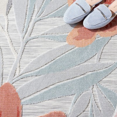 Grey and Rust Floral Washable Synthetic Area Rug