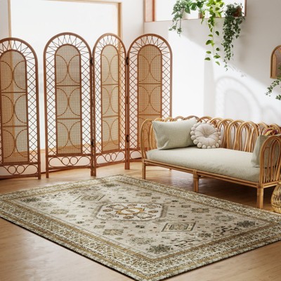 5x7ft Vintage Floral Washable Area Rug, Non-Slip Low Pile Polyester Carpet for Living Room & Bedroom