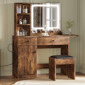 Vanity Desk with Lighted Mirror & Power Outlet, Makeup Vanity with Drawers, Cabinet & Chair, Vanity Table Set for Bedroom - 1 of 4