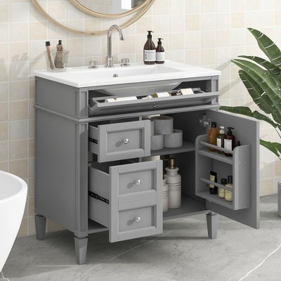 ALEXOUN 30" Solid Wood Frame Bathroom Vanity Cabinet with Sink,Single Sink Bathroom Storage Cabinet with 1 Door,2 Drawers & Tip-Out Drawer