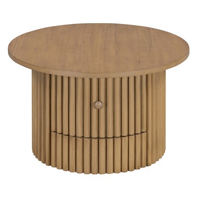 LIVAREEmlen Round Coffee Table for Living Room in Natural, Farmhouse Coffee Table with a Drawer and Vertical Slat Base in 30.5"