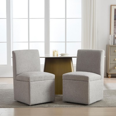 GDFStudio Keiko Modern Linen Rolling Dining Chair with Hidden Storage and 4 Wheels (Set of 2)