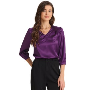 INSPIRE CHIC Women's V Neck 3/4 Sleeve Casual Office Work Satin Blouses - 1 of 4