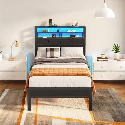 Furnulem Twin Bed Frames with Charging Station and LED Lights, Wood Headboard with 2 Fabric Drawers and Storage Shelves