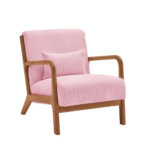 JUJABU Modern Accent Chair with Ribbed Corduroy Upholstery & Lumbar Pillow – Natural Wood Frame - 1 of 4