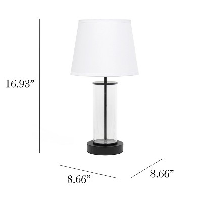 Black Metal and Clear Glass Table Lamp with White Fabric Shade