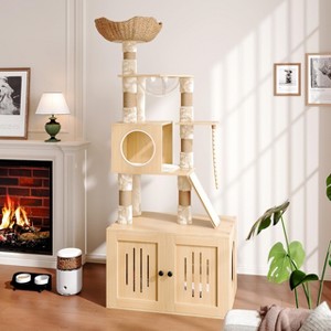 Cat Tree, 66.9-Inch Cat Tower with Litter Box Enclosure, Large Condo with Food Station, Storage, Scratching Posts, Hammock, Washable Cushions - 1 of 4