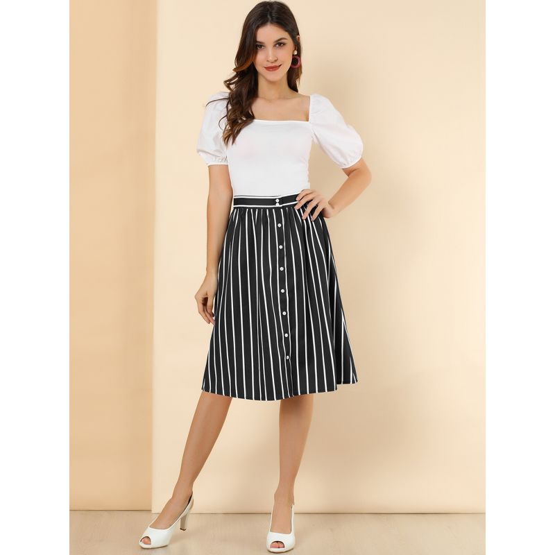 Allegra K Women's Stripes Button Front Elastic Back A-Line Midi Skirt, 4 of 8