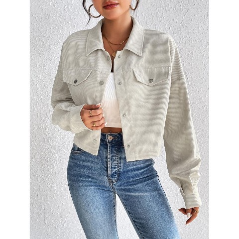 Женские куртки YesFashion Women's Corduroy Jacket Casual Button Shirt Jacket Stand Collar Short Coat Fall Spring Outerwear Apricot XL