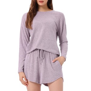 cheibear Women's Long Sleeve Top and Elastic Waistband Shorts with Pockets Pajamas Set - 1 of 4