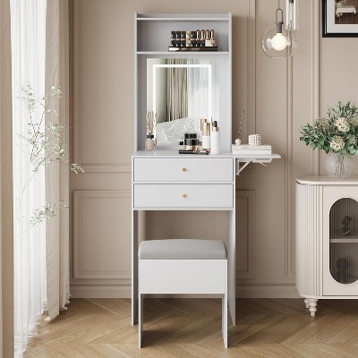 White Compact Vanity Desk Set with Adjustable Mirror and Storage Bench